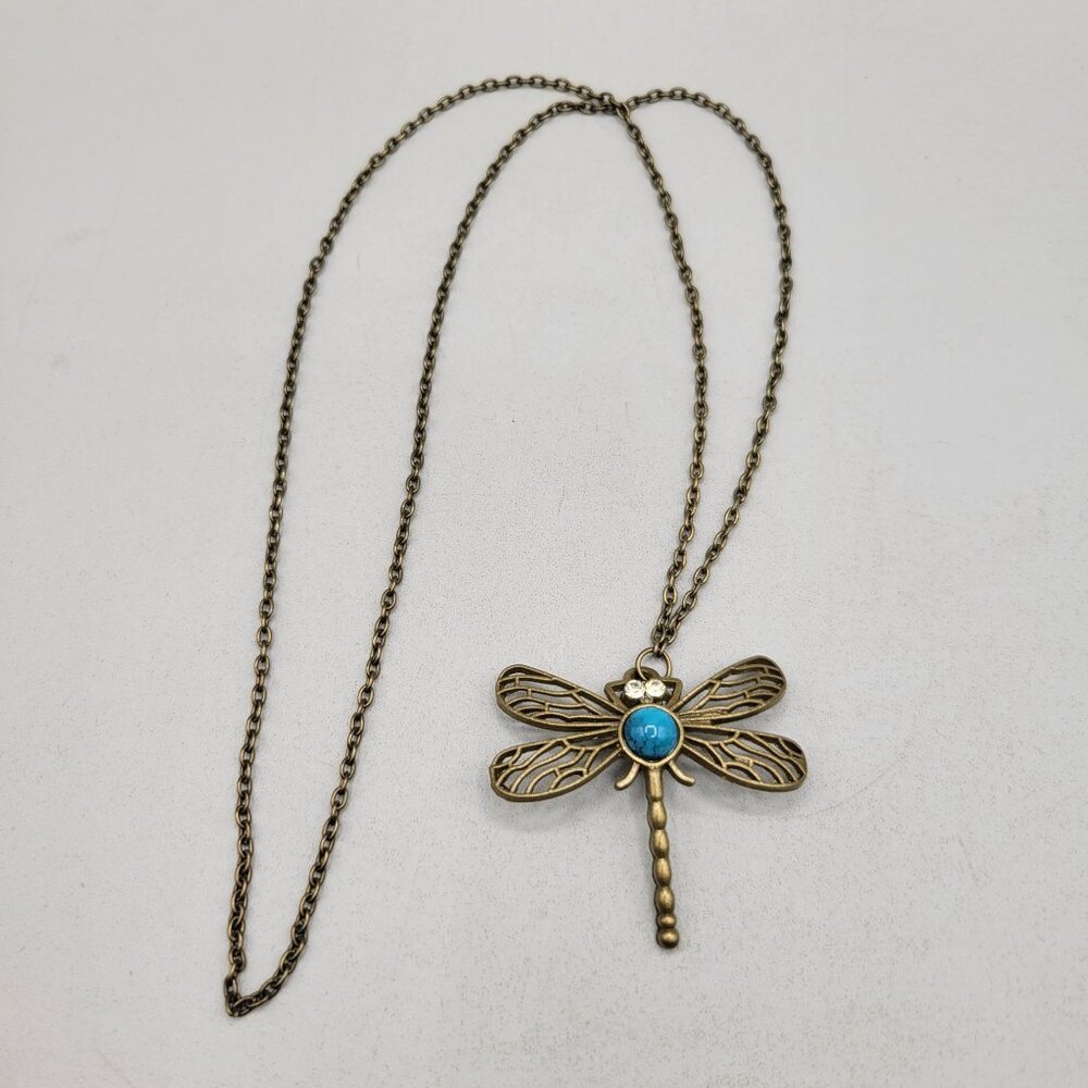 Dragonfly Pendant Necklace Blue Stone Rhinestone Eyes Bronze Chain 26 Inch - Picture 2 of 4